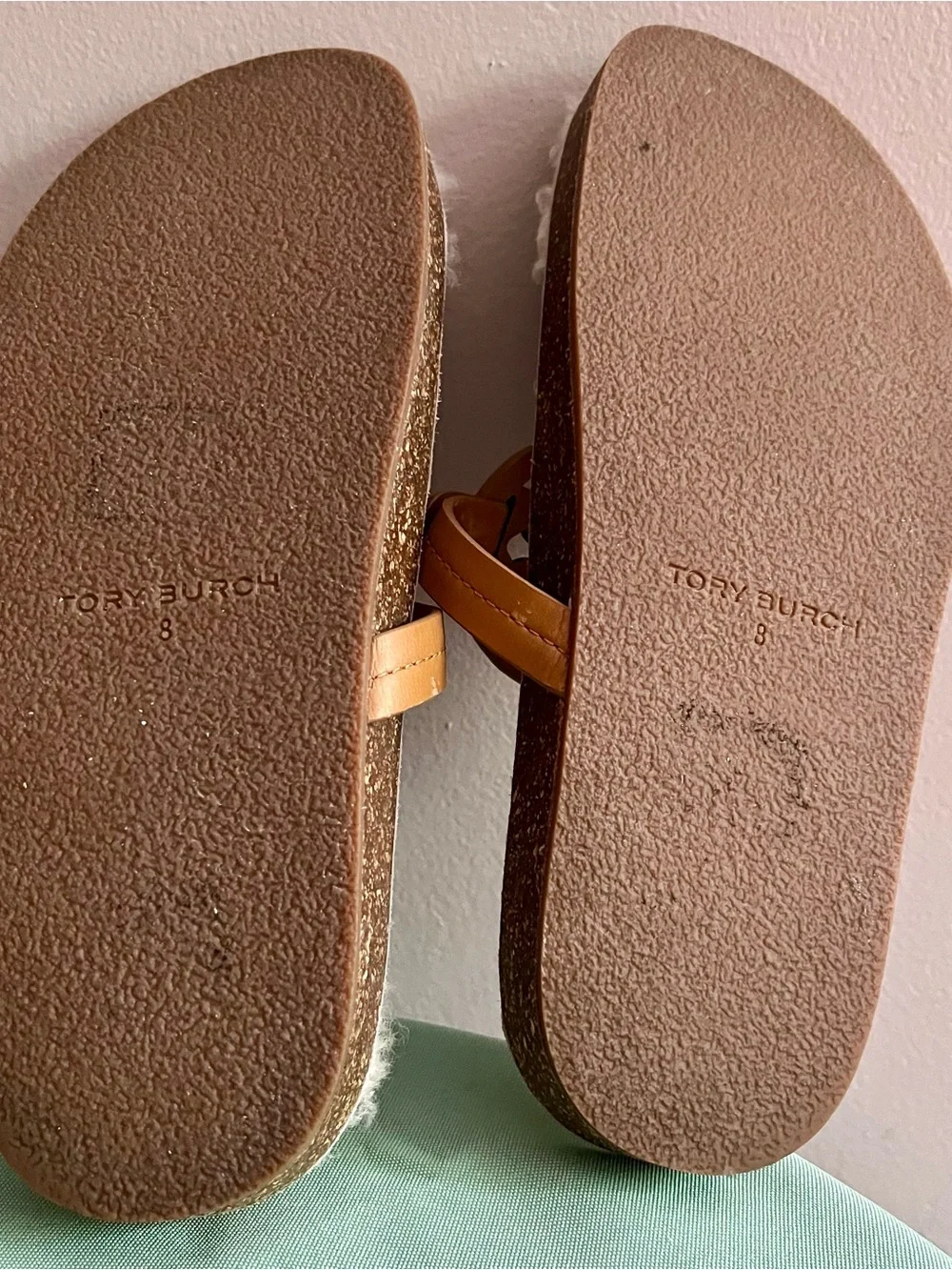 Tory Burch Tan Leather Logo Shearling Thong Sandals